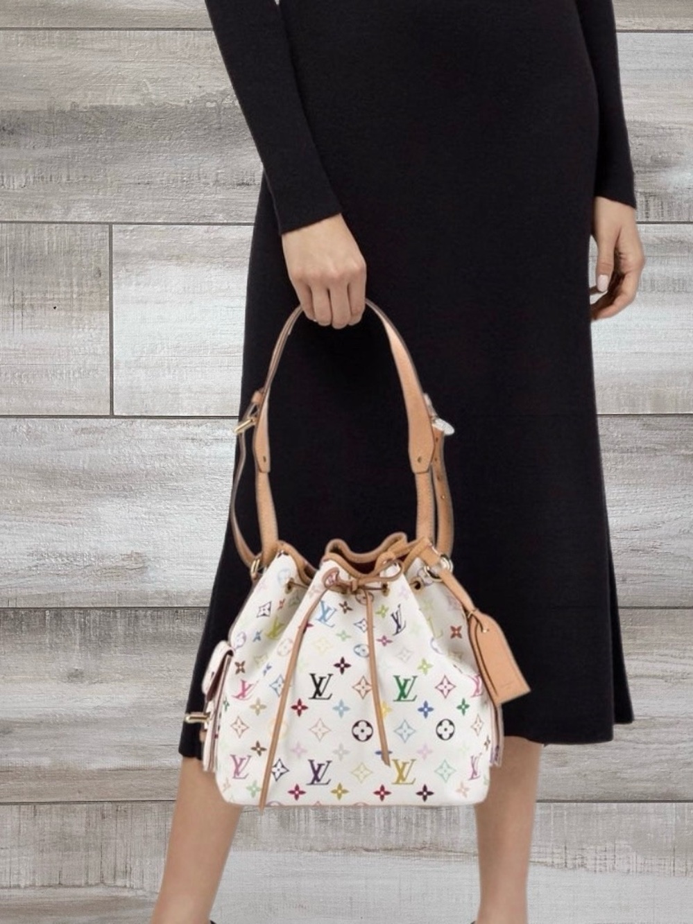 Louis Vuitton White Multicolor Monogram Bucket Shoulder Bag with Natural Trim